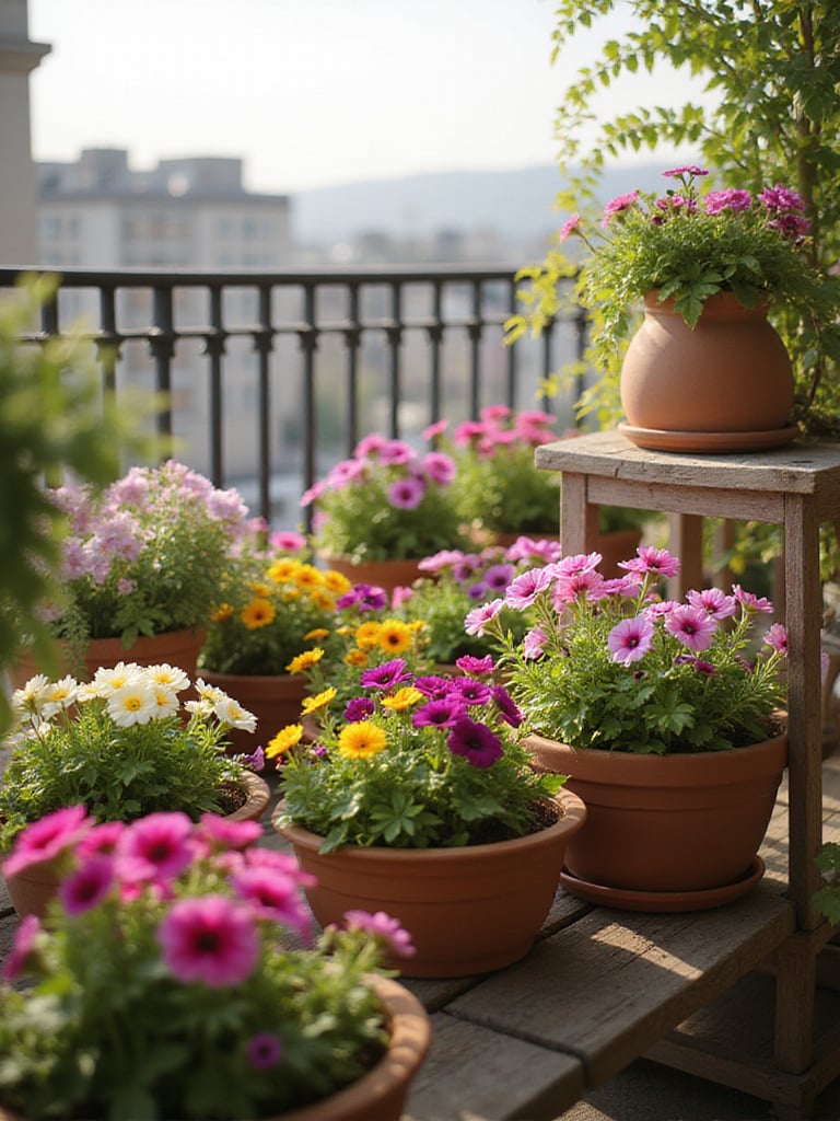 Vibrant flower-filled container garden on a balcony