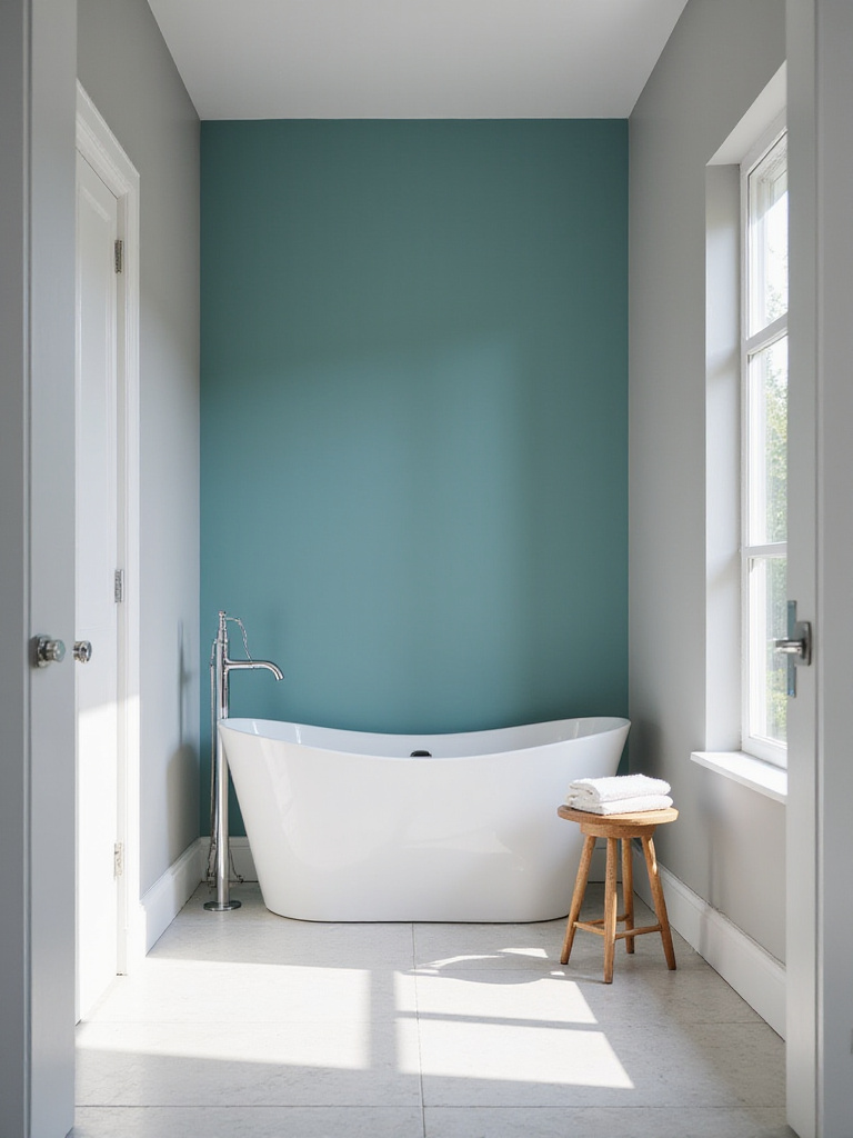 Modern bathroom with a bold teal accent wall behind a freestanding bathtub.