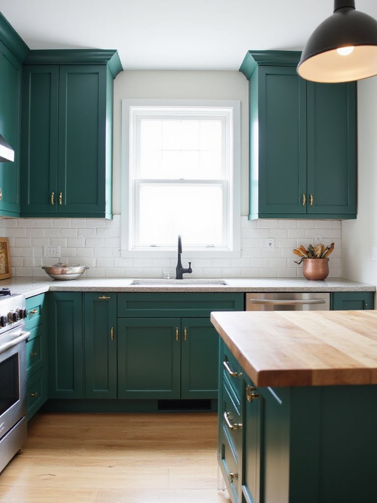 Modern kitchen with emerald green cabinets and light gray quartz countertops.