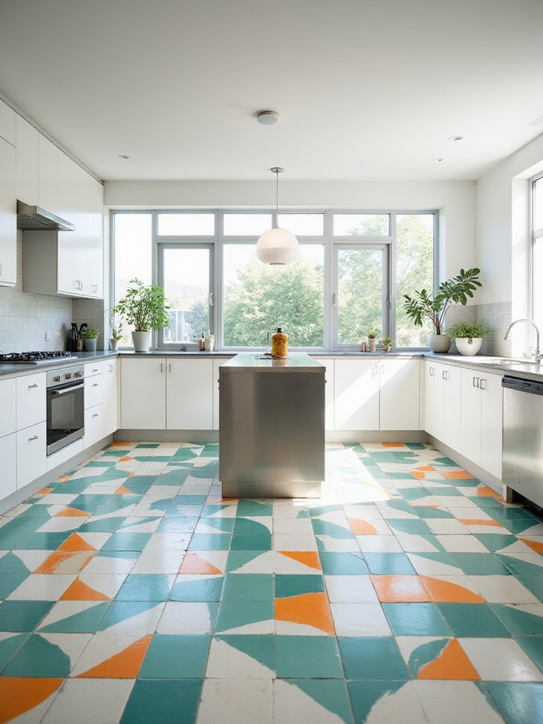 Modern kitchen with vibrant teal, orange, and white geometric patterned floor tiles.