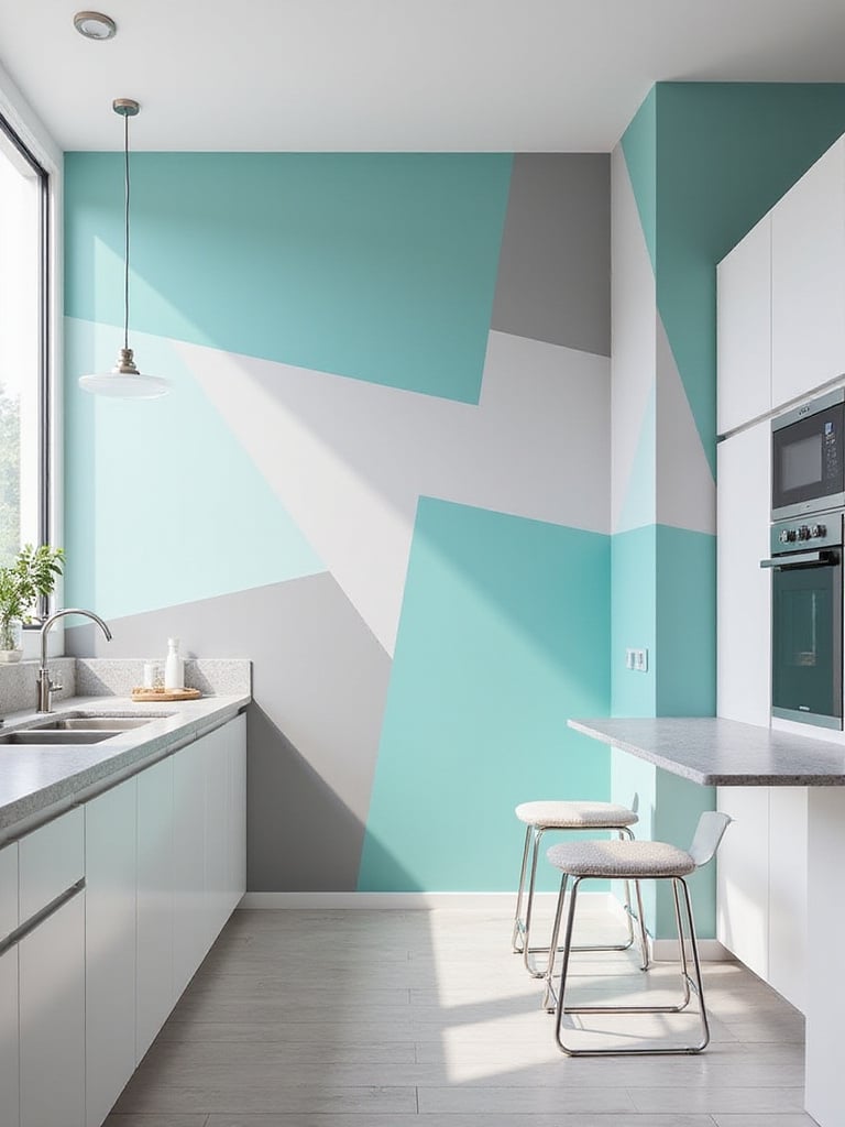 Modern kitchen with bold geometric print wallpaper in teal, grey, and white.