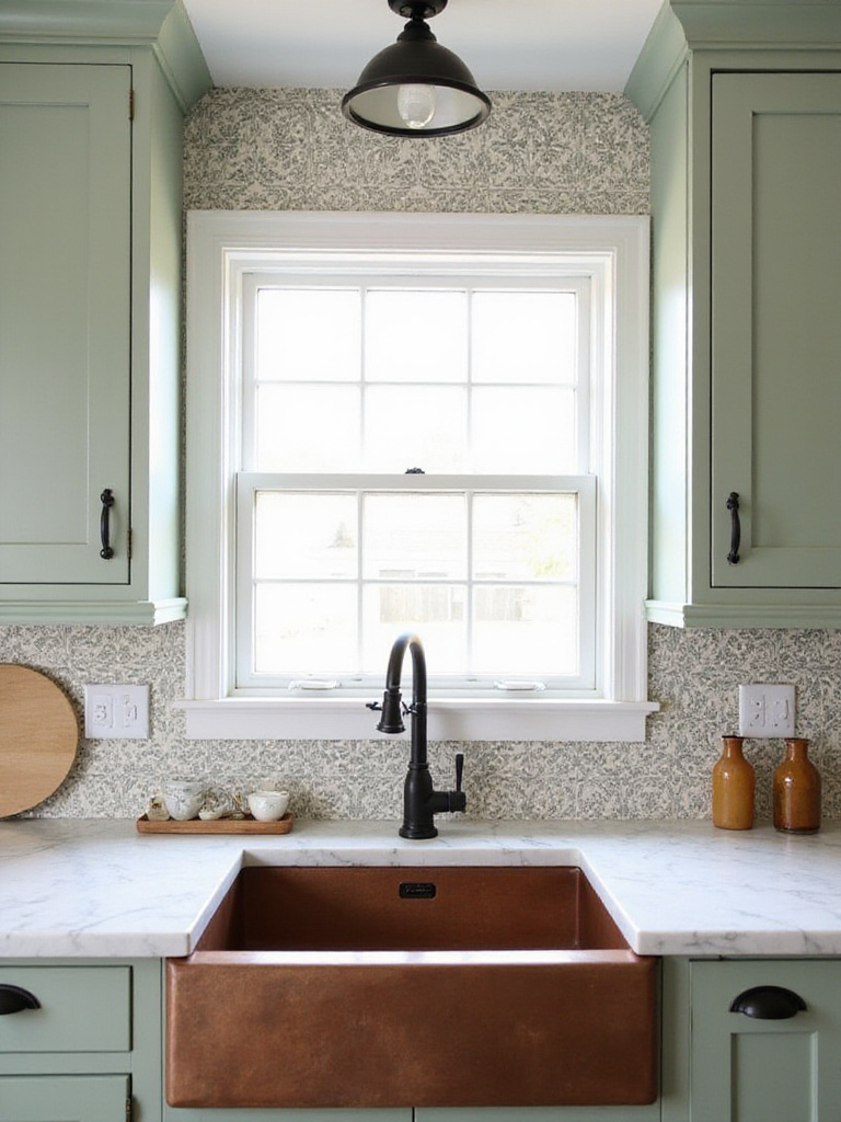 Farmhouse kitchen with patterned cement tile backsplash