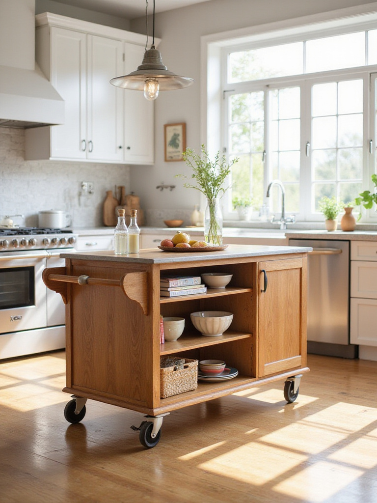 Modern kitchen with a versatile wooden and stainless steel kitchen island cart.