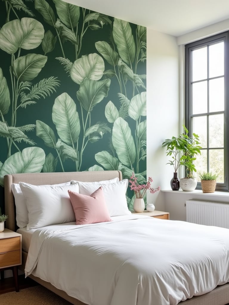 Modern bedroom with lush green botanical wallpaper accent wall