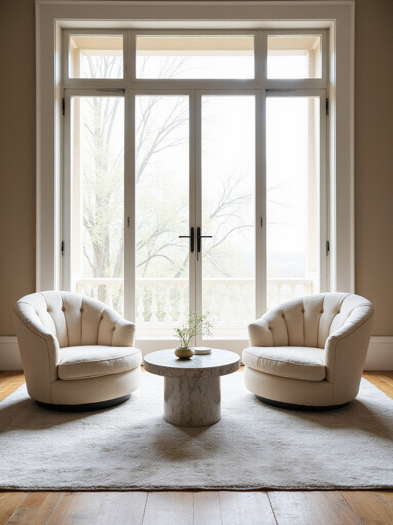 Cream-colored bouclé swivel chairs in a modern living room