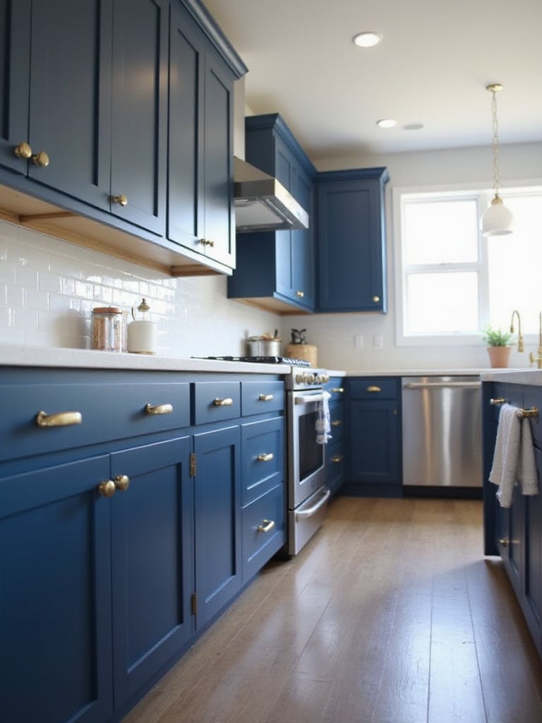Modern navy blue kitchen with brass cabinet hardware