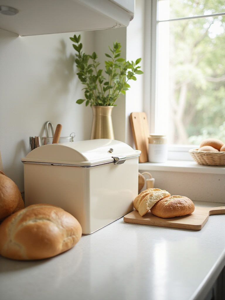 Vintage bread box on a kitchen counter storing fresh bread.