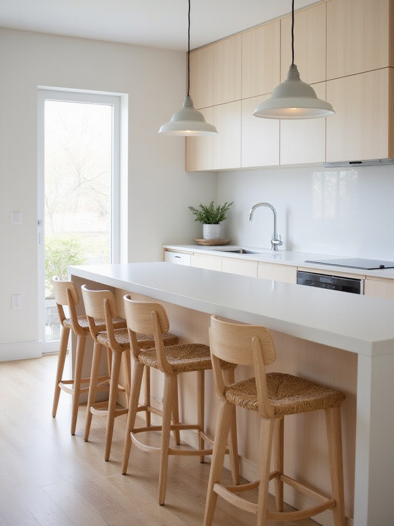 Charming breakfast bar with woven stools in a modern kitchen
