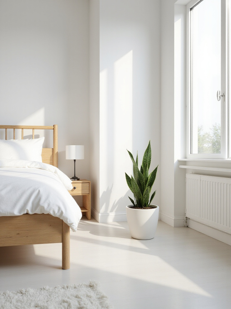 Minimalist bedroom with a snake plant in a white pot