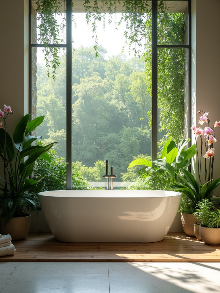 Luxury bathroom with freestanding tub and lush greenery creating a relaxing spa-like atmosphere.
