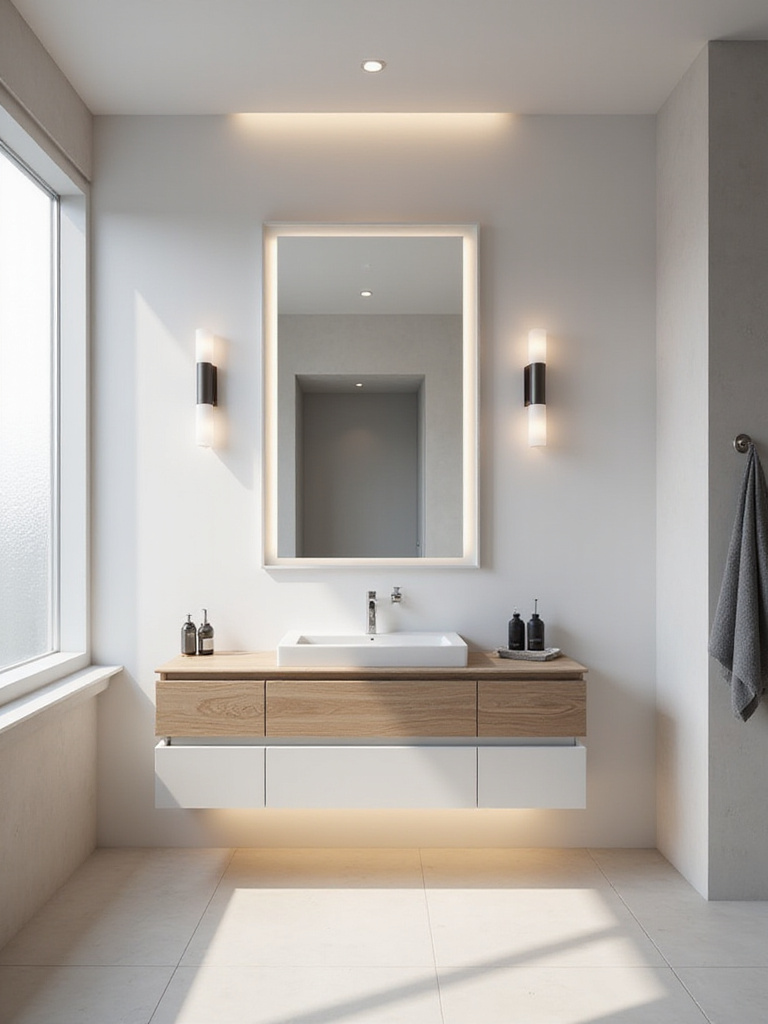 Small bathroom remodel featuring layered lighting: recessed lights, sconces, and under-cabinet LEDs.