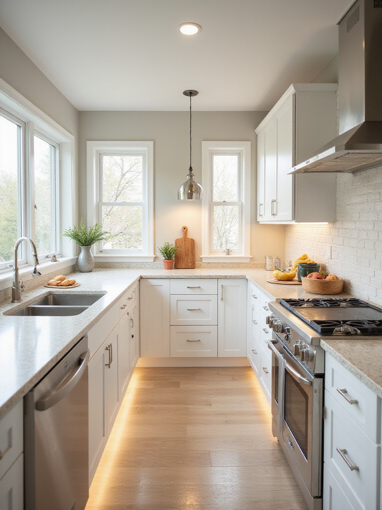 Bright and modern kitchen with budget-friendly lighting upgrades like under-cabinet LEDs and a pendant light.