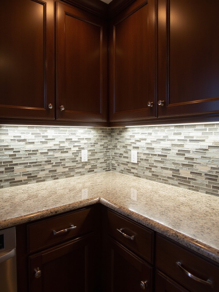 Kitchen with under-cabinet lighting illuminating countertops and backsplash.