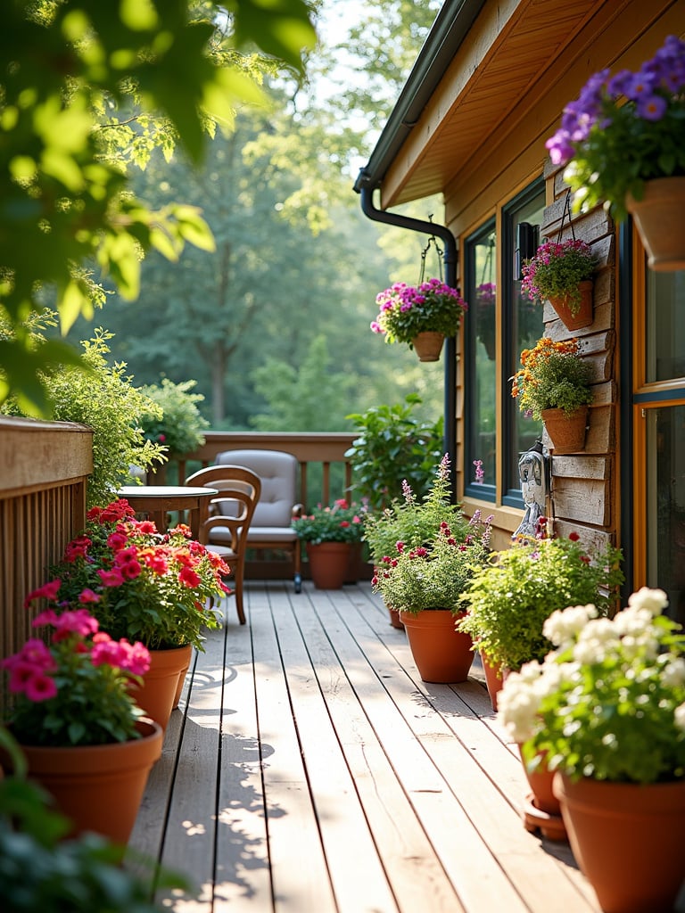Deck decorated with vibrant potted plants and flowers, creating a relaxing outdoor oasis.