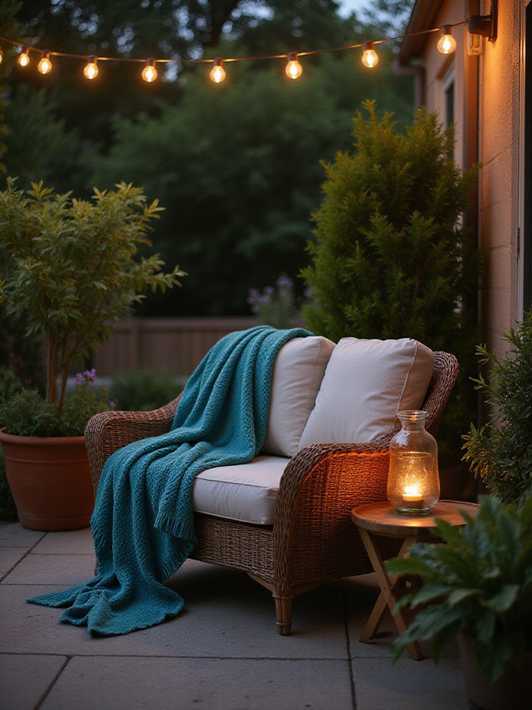 Teal outdoor throw blanket draped on wicker loveseat on patio at dusk.