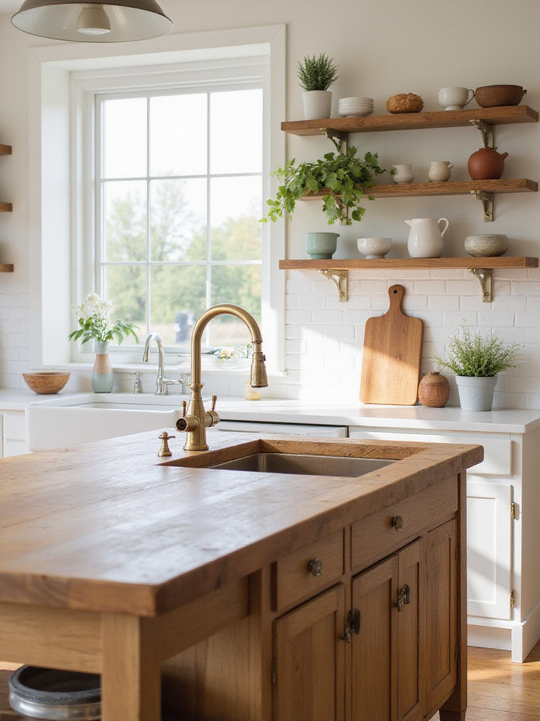 Modern farmhouse kitchen with wooden island, open shelving, and butcher block countertop.