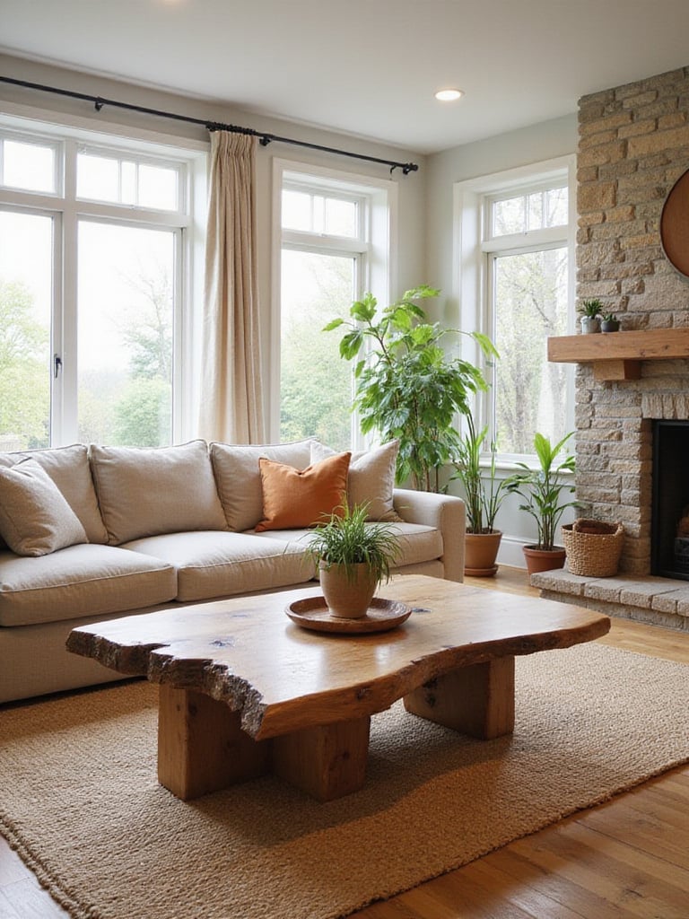 Living room with natural materials: wood, stone, linen, and plants.