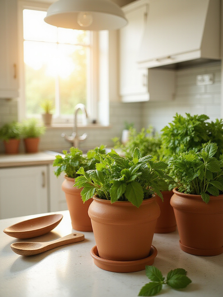 Potted herbs on a kitchen counter provide fresh decor and ingredients.