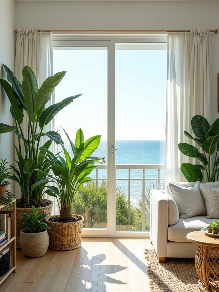 Coastal living room with palm tree, ferns, and succulents bringing the outdoors in