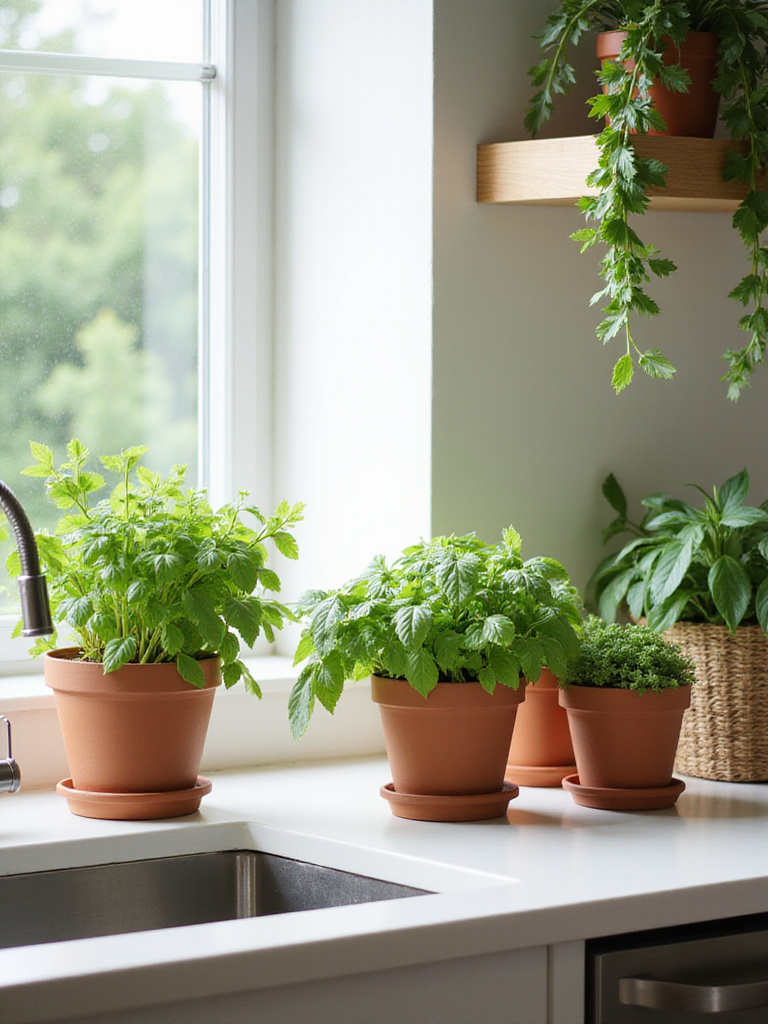 Kitchen with fresh herbs and greenery on windowsill and shelves