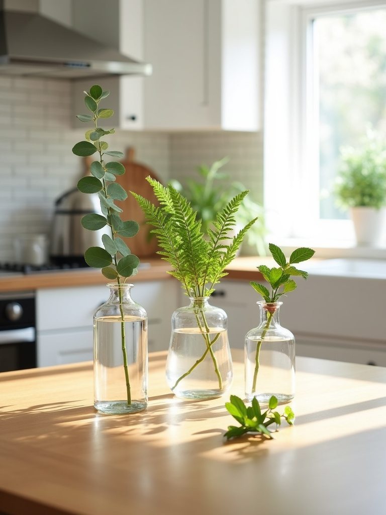 Simple glass vases filled with greenery on a kitchen table, bringing the outdoors in.