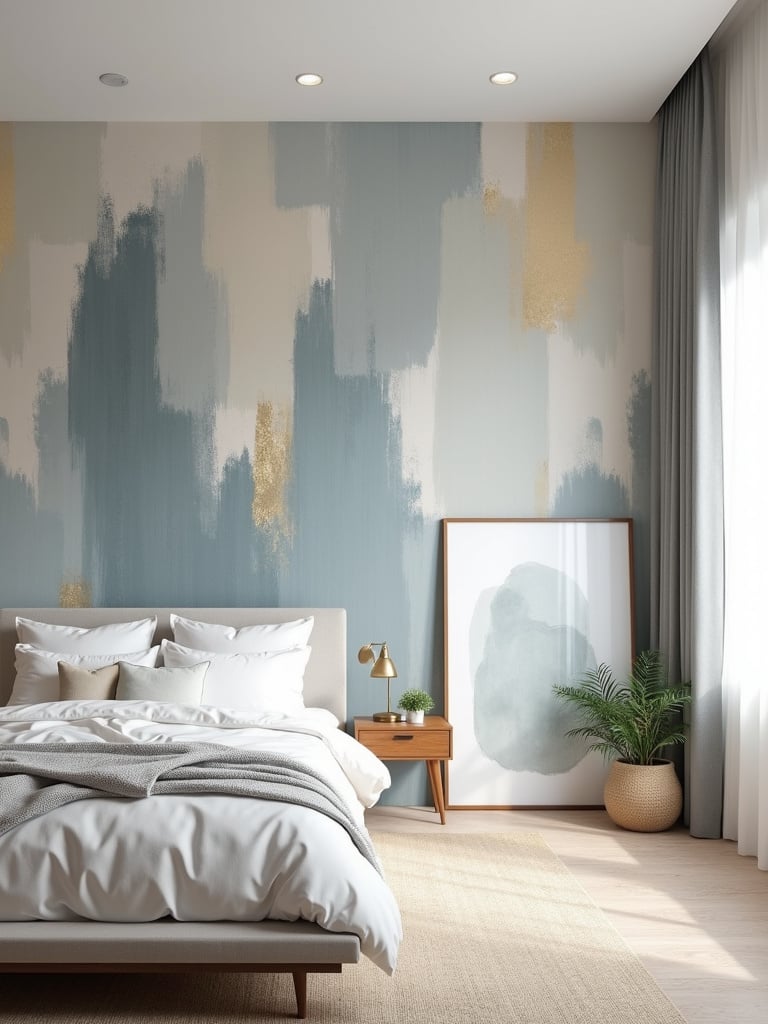 Modern bedroom featuring abstract brushstroke wallpaper accent wall.