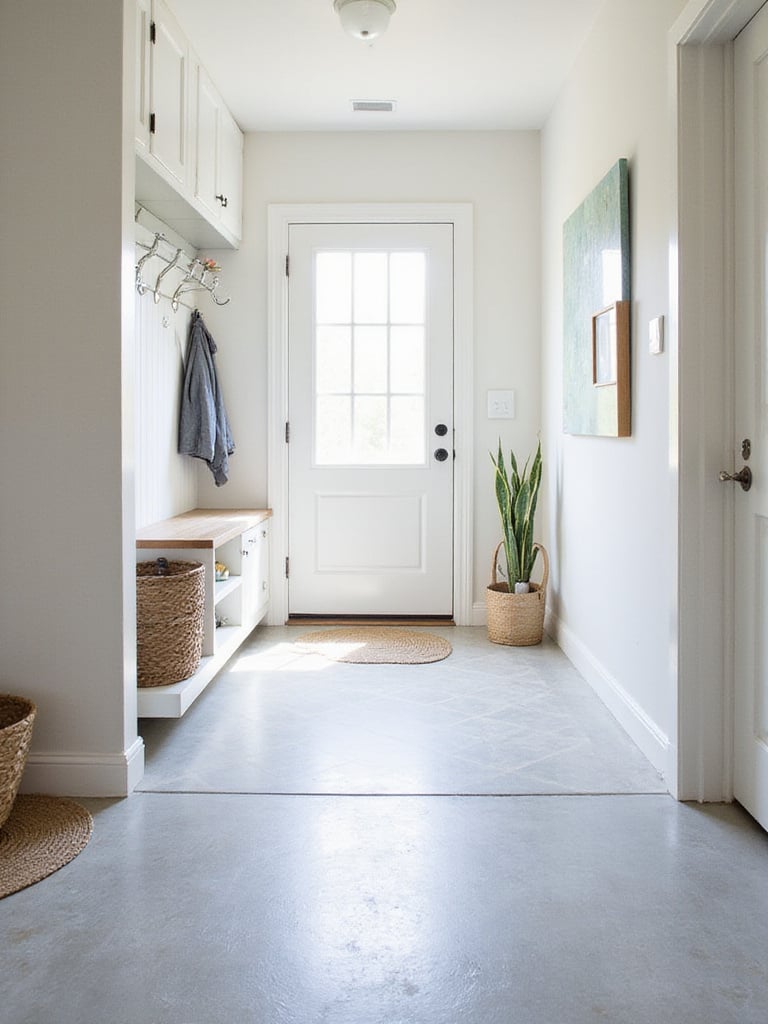 Affordable light grey concrete mudroom flooring with a modern geometric stencil pattern.