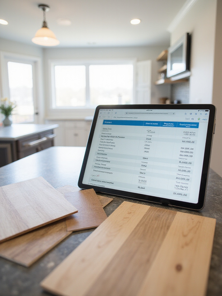 Kitchen flooring remodel budget planning with material samples.