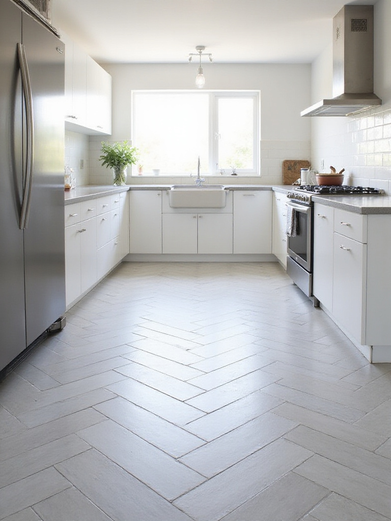 Budget-friendly kitchen floor featuring light grey ceramic tiles in a herringbone pattern.