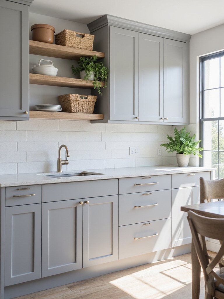 Modern kitchen featuring gray cabinets, open shelving, and light quartz countertops.