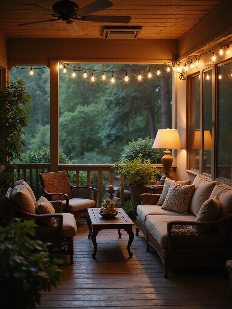 Comfortable screened-in porch with outdoor furniture and string lights.