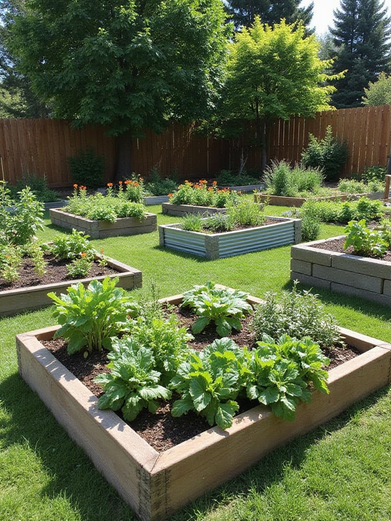 Backyard with raised garden beds filled with vegetables, herbs, and flowers.