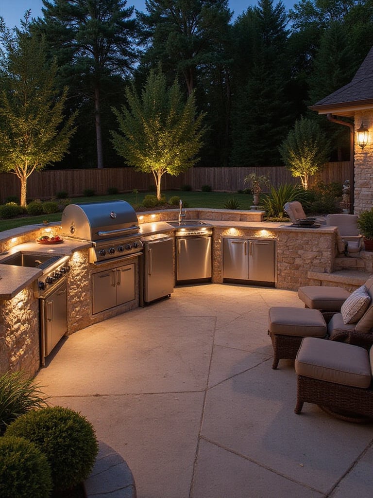 Luxurious outdoor kitchen with stainless steel grill and stone countertops.