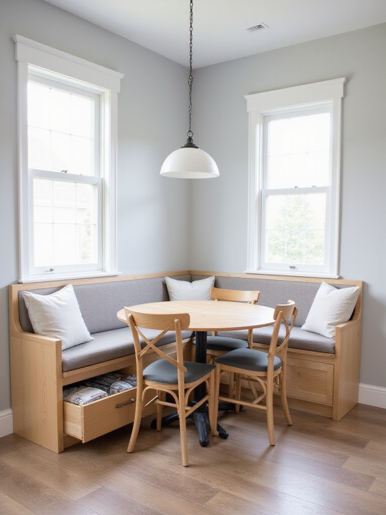 Small dining room with built-in banquette seating and hidden storage under cushions