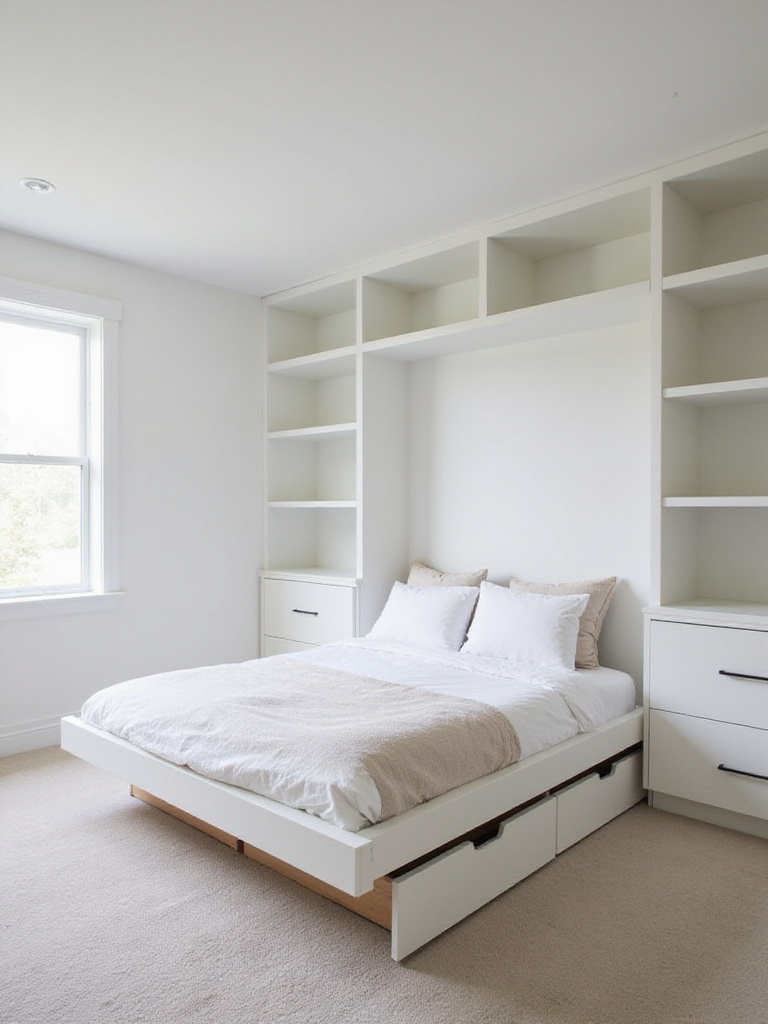 Small bedroom with custom built-in storage maximizing space and style