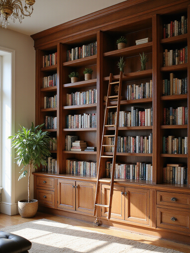 Luxurious living room with floor-to-ceiling built-in bookshelves and library ladder