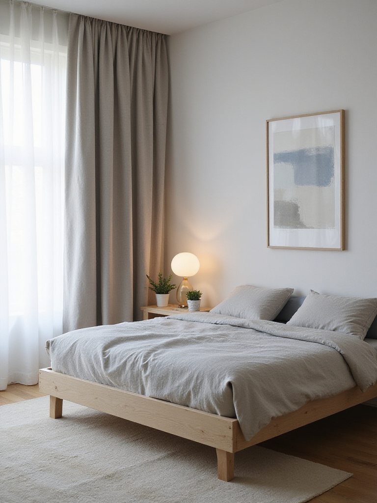 Minimalist bedroom with soft lighting and calming colors, creating a relaxing ambiance.