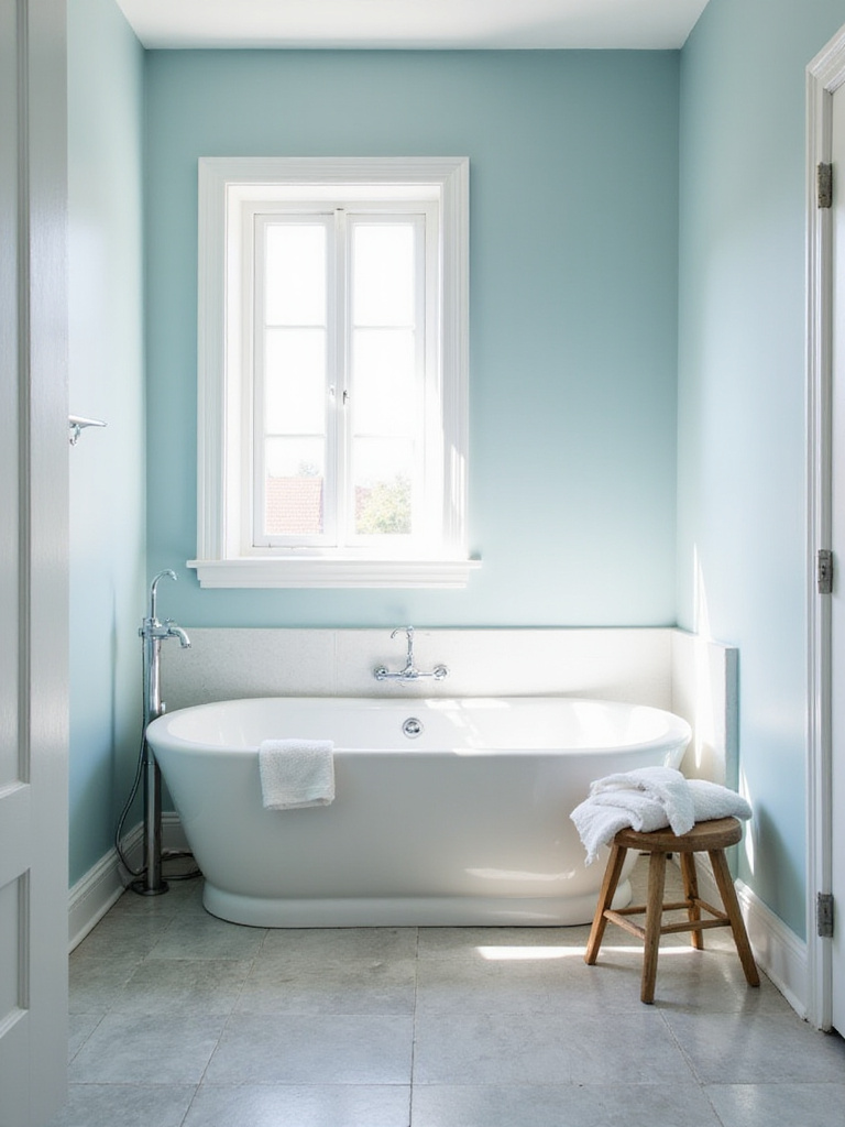 Light blue bathroom with white bathtub and chrome fixtures, creating a tranquil and spa-like atmosphere.