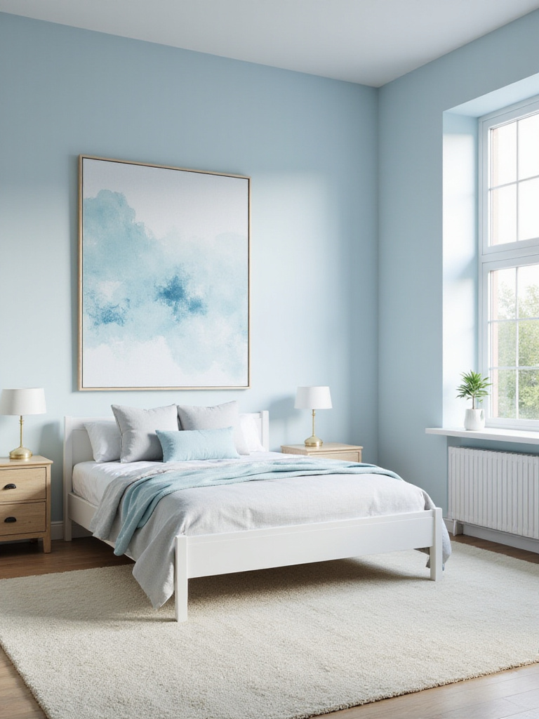 Serene bedroom with calming light blue walls, creating a relaxing atmosphere.
