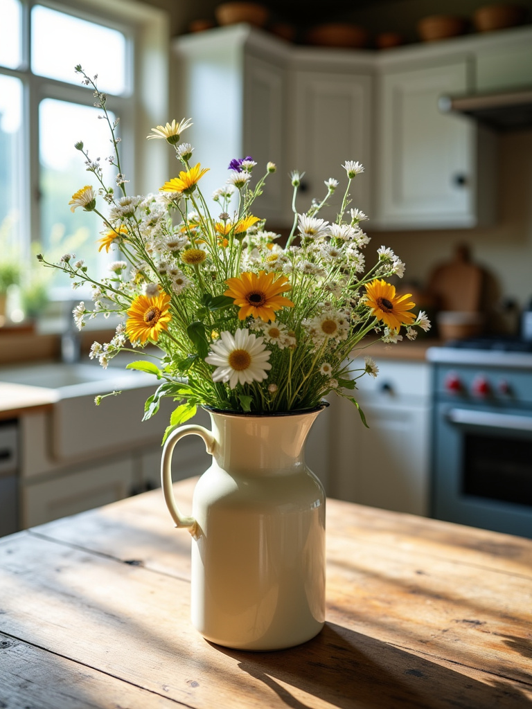 Rustic pitcher vase filled with wildflowers on a farmhouse kitchen table.