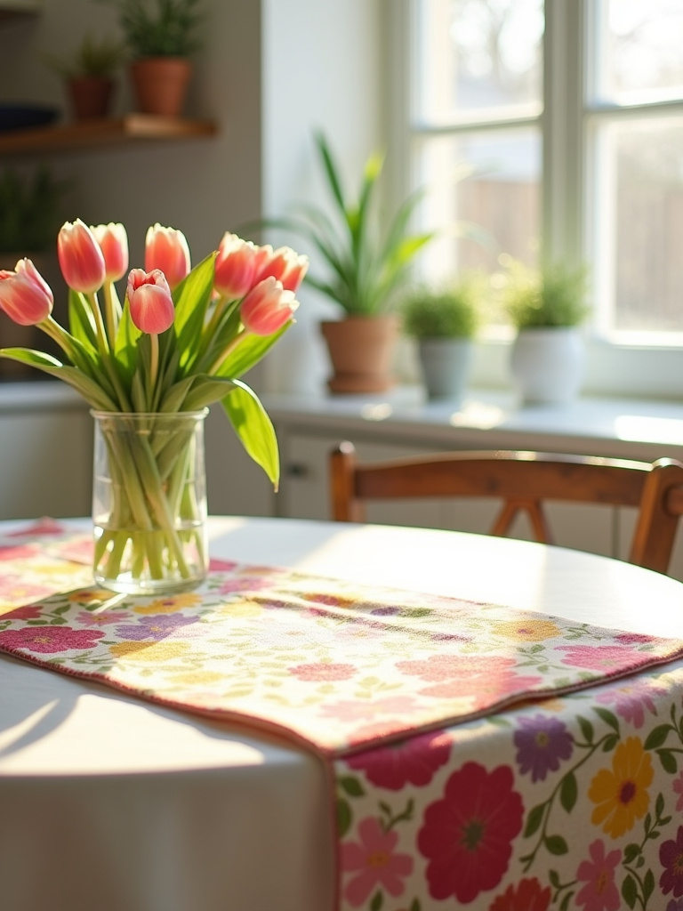 Kitchen table decorated for spring with a white tablecloth and floral runner.