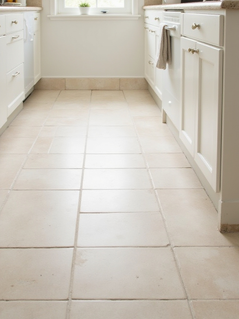 Budget-friendly beige ceramic kitchen floor tiles in a modern kitchen.