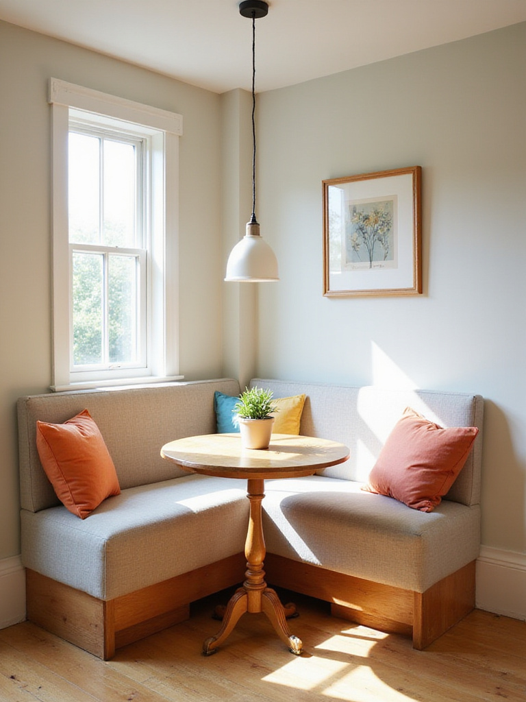 Cozy corner dining nook with banquette seating and round table.