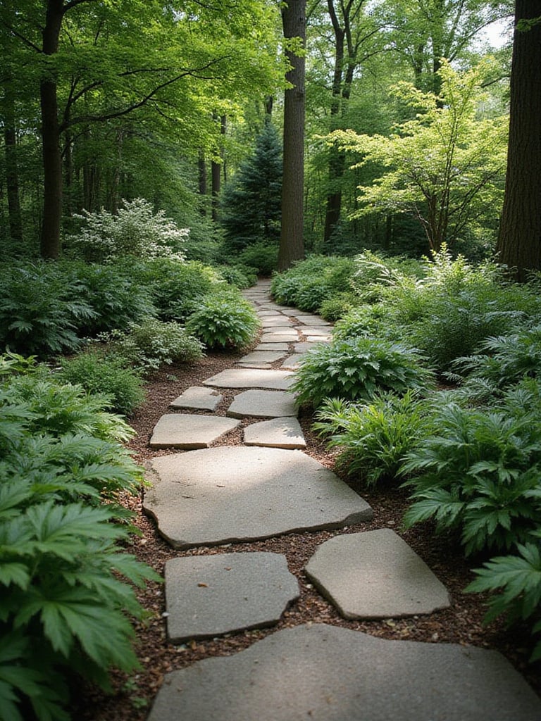 Garden path with flagstone stepping stones winding through lush foliage