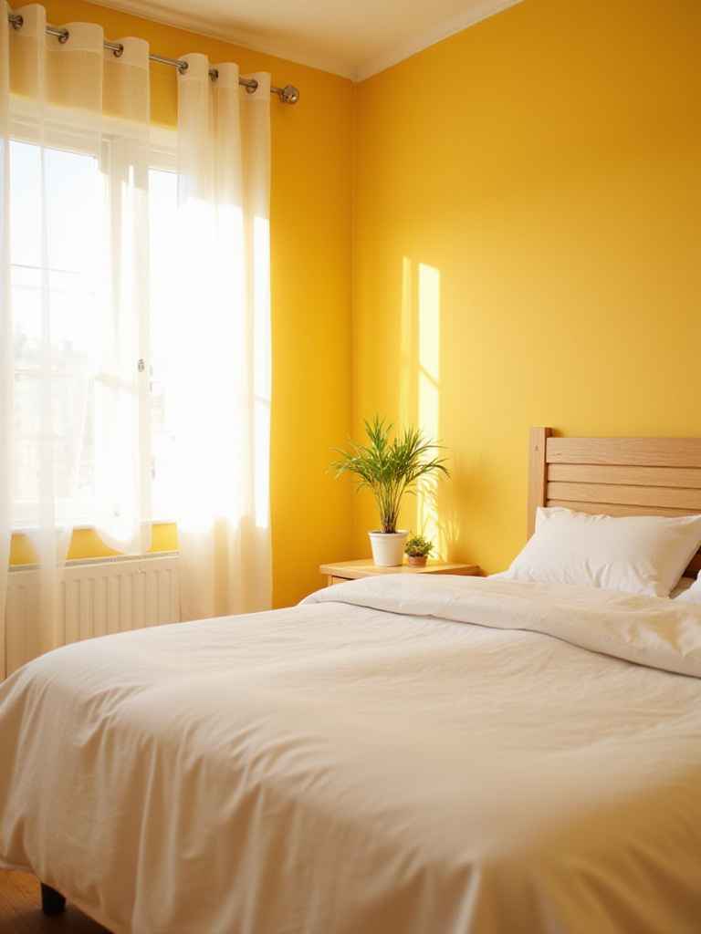 Bedroom with sunny yellow walls and white linens.