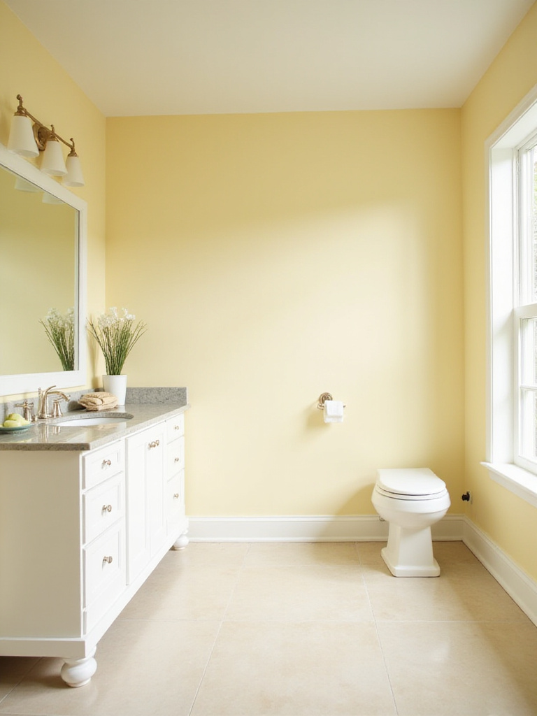 Bathroom with pale yellow walls and white vanity