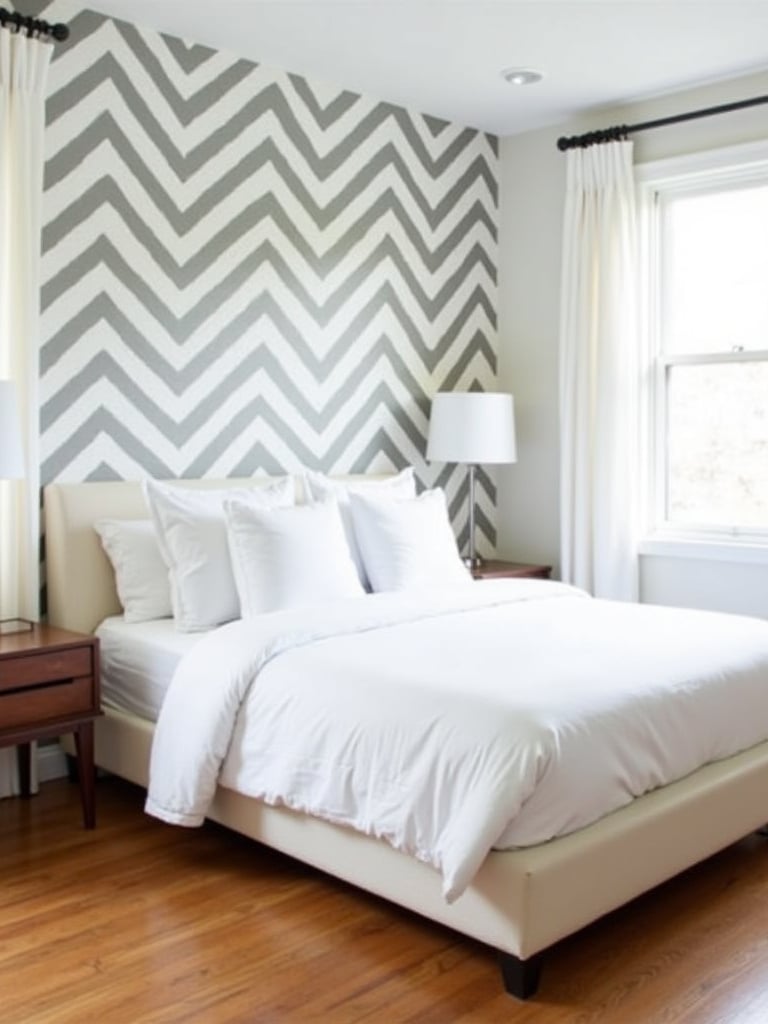 Modern bedroom with gray and white chevron wallpaper accent wall