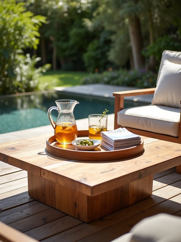 Chic deck coffee table with drinks and magazines on an outdoor patio.