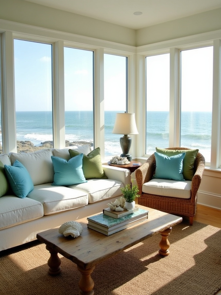 Coastal living room featuring comfortable oversized linen sectional sofa with blue and green pillows
