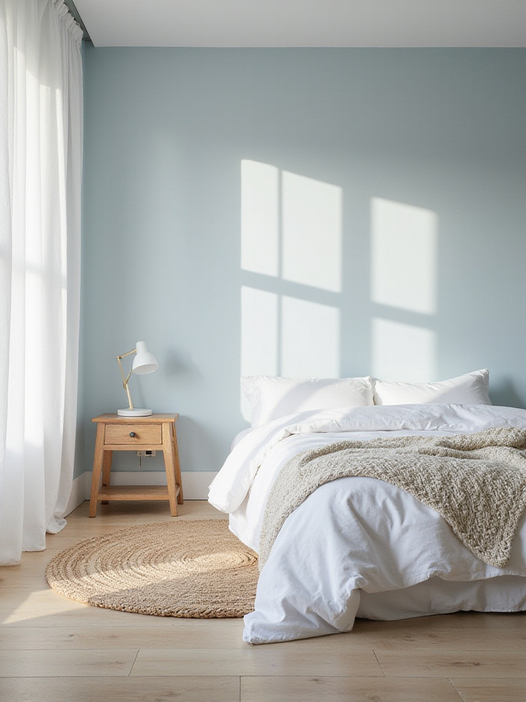 Serene bedroom featuring a light blue color palette, white linens, and natural wood accents.